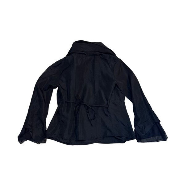 OJBOX Elegant Black Sheer Ruffle Collar Long Sleeve Blouse With Tie Waist - Picture 4 of 5